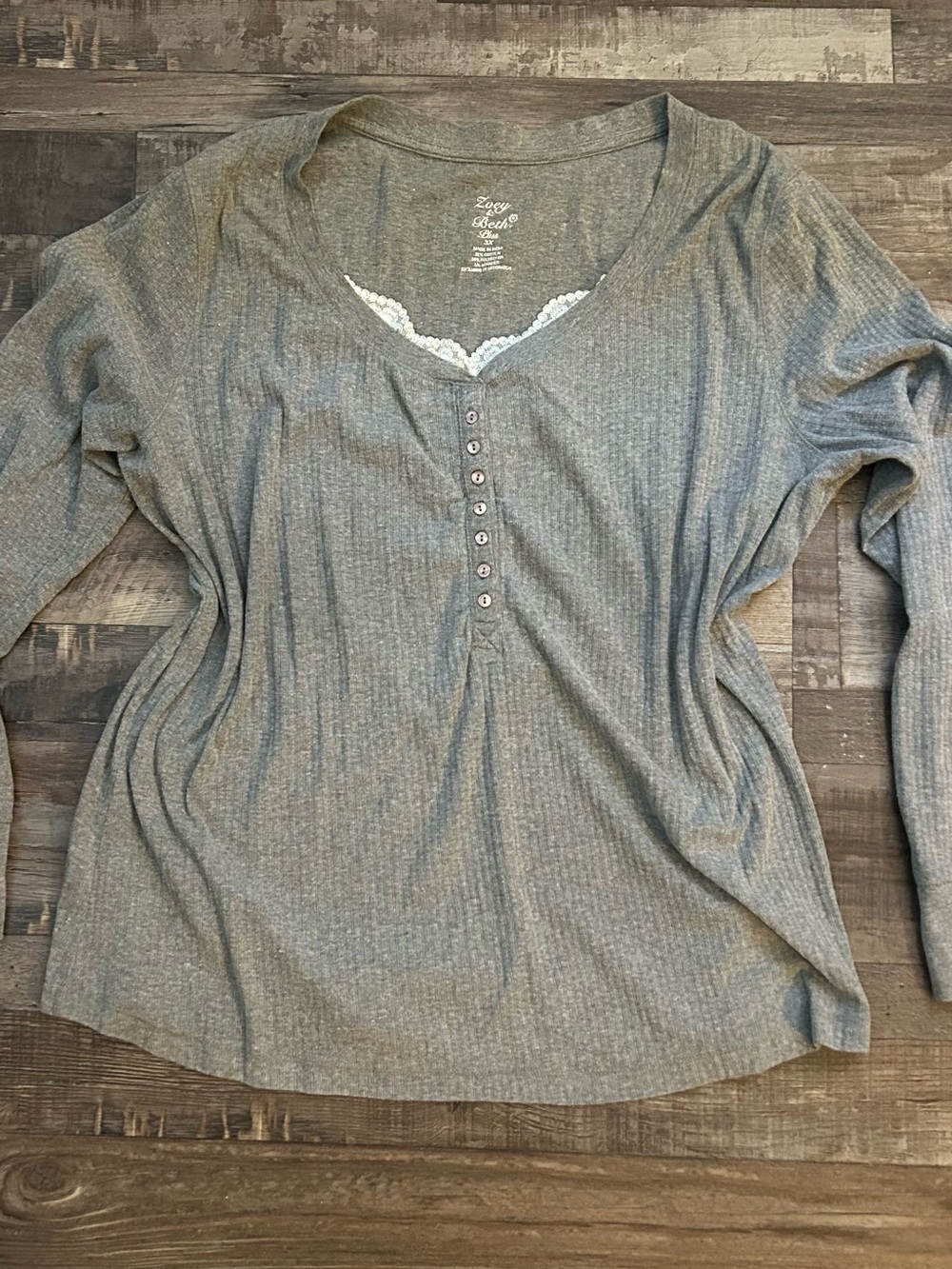 Zoey & Beth Gray Rib Knit Henley Top V-Neck Long Sleeve Lace Button 3X